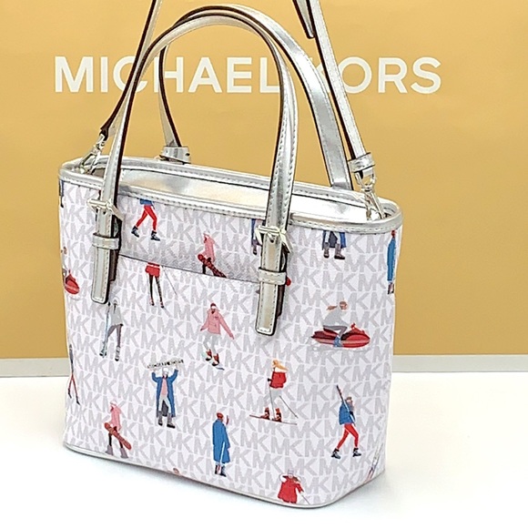 Michael Kors Jet Set Girls Print White Signature XSMALL Carryall Top Zip Tote - Picture 6 of 16